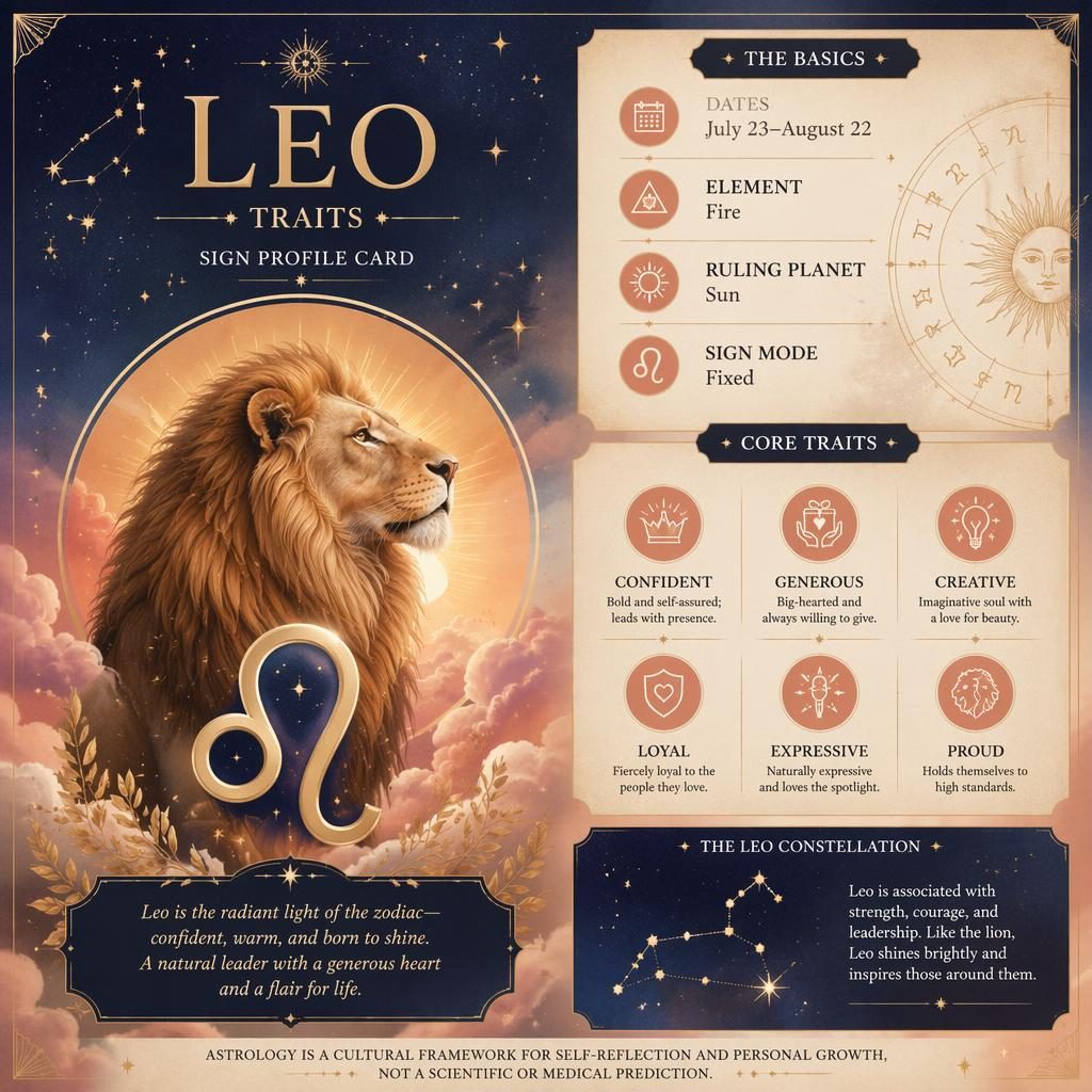 Leo Traits zodiac profile card with Leo glyph, July 23–August 22, Fire, Sun, traits, stars, constellation motifs.