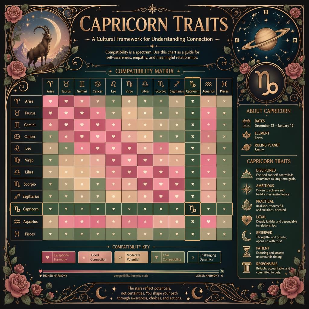 Art nouveau Capricorn traits infographic with a 12x12 zodiac compatibility heatmap, Capricorn row highlighted, celestial motifs.
