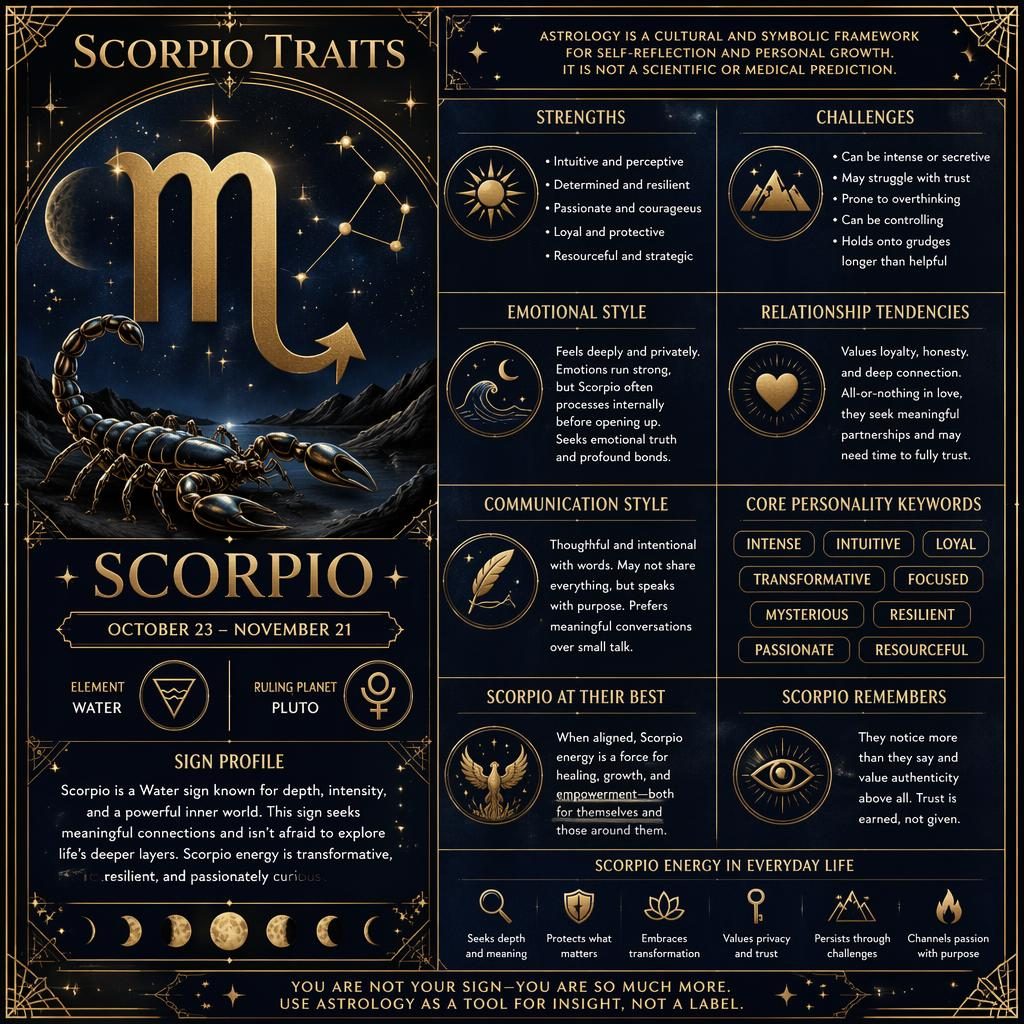 Art deco Scorpio traits infographic with gold glyph, dates, traits, zodiac wheel, constellation accents, stars, and moon phases.