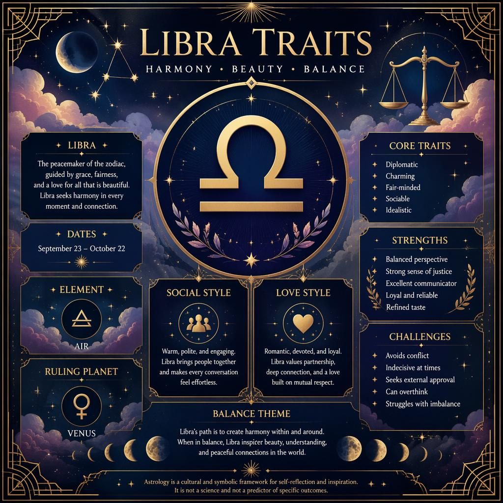 Libra Traits infographic card with Libra glyph, dates, element, planet, traits, stars, moon phases, gold art deco border