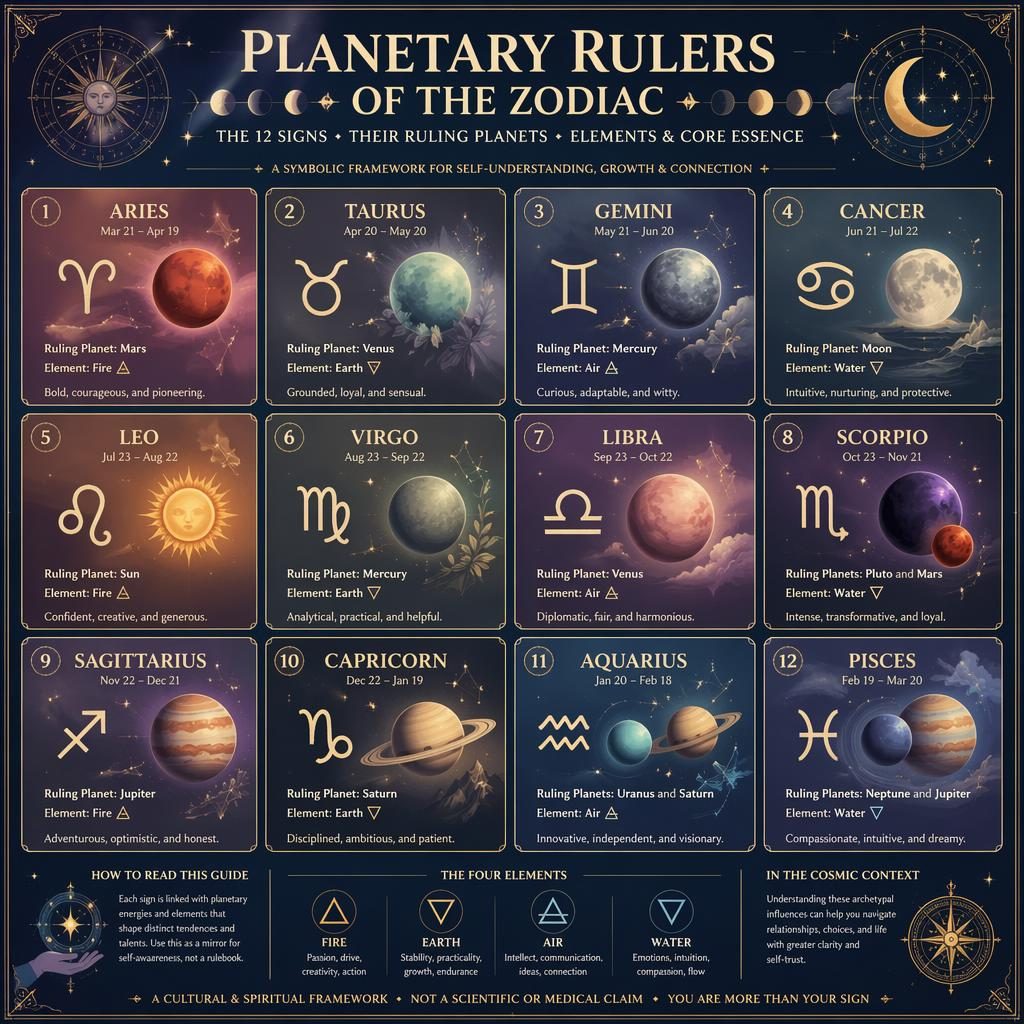 Editorial 12-sign zodiac grid infographic with glyphs, dates, ruling planets, elements, traits, star charts and gold accents.