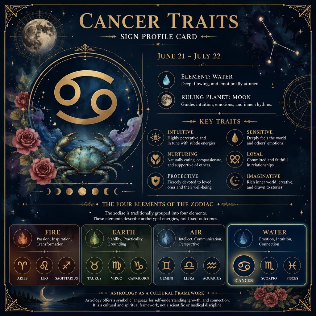 Watercolor zodiac infographic showing Cancer traits, Cancer glyph, June 21–July 22, Moon, Water element, and 4 elements chart.