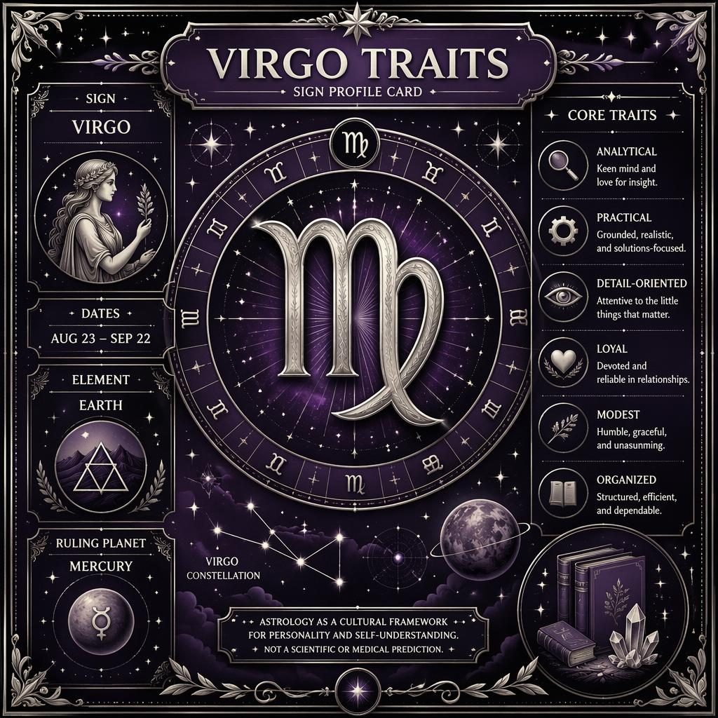 Virgo traits infographic with zodiac wheel, Virgo glyph, dates, Earth element, Mercury ruler, and celestial purple-silver design.