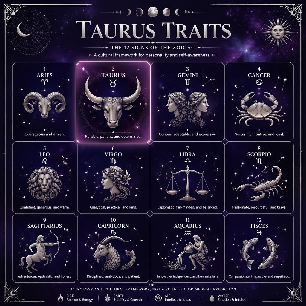 Celestial 12-sign zodiac grid infographic with Taurus highlighted, purple and silver palette, constellations, lunar phases.