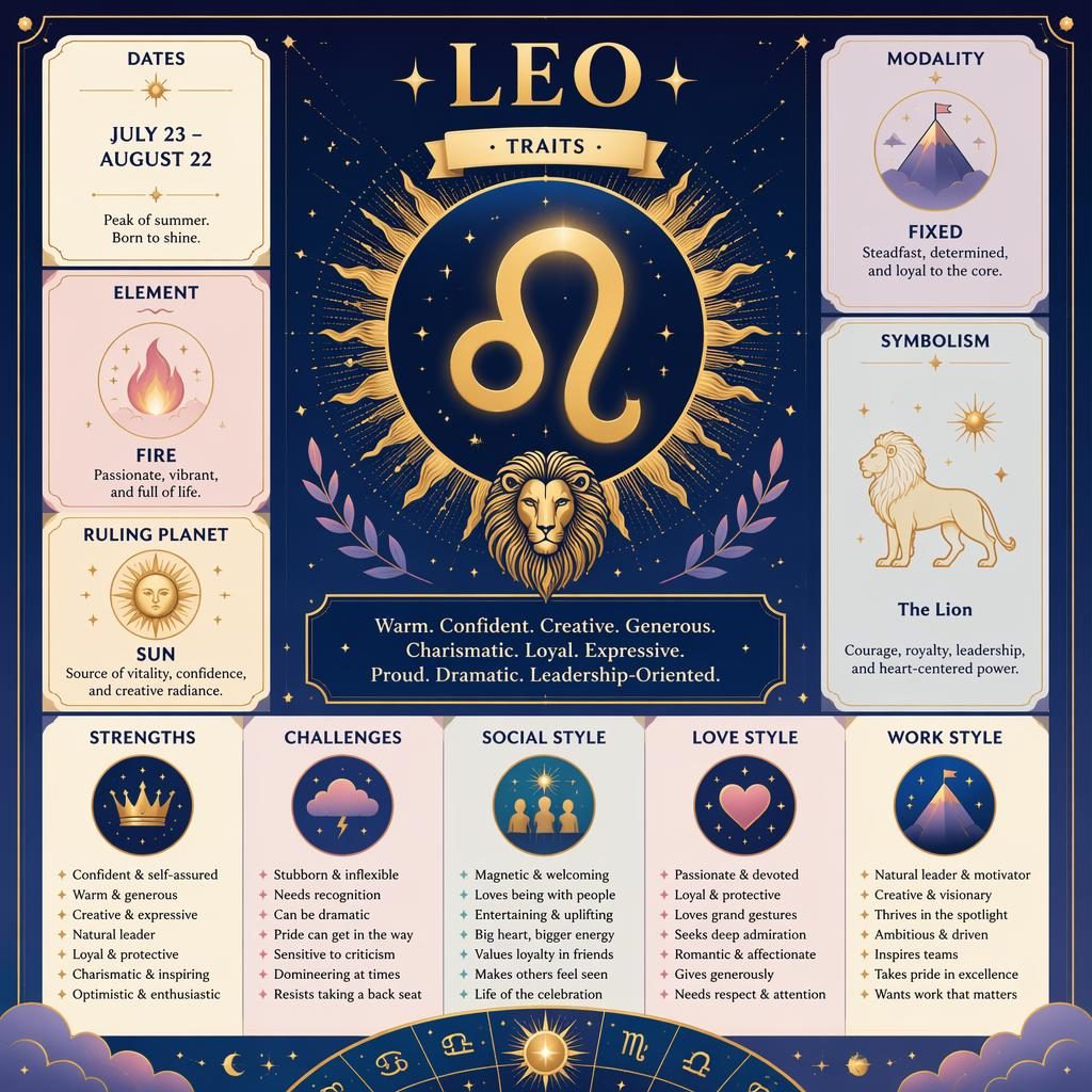 Minimal Leo Traits zodiac infographic card with Leo glyph, Sun ruling planet, dates, element, traits, and celestial icons.