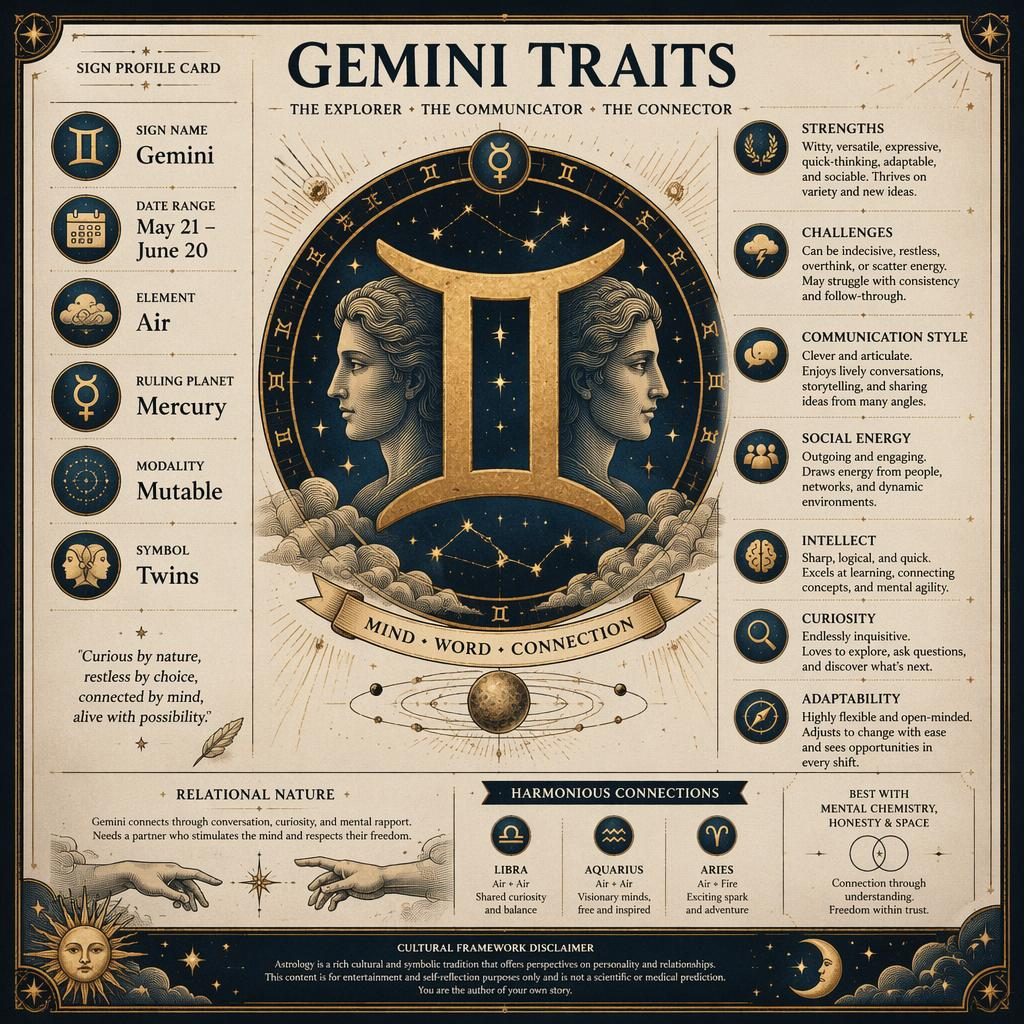 Vintage Gemini traits zodiac infographic with central glyph, constellation motifs, zodiac wheel accents, and English labels
