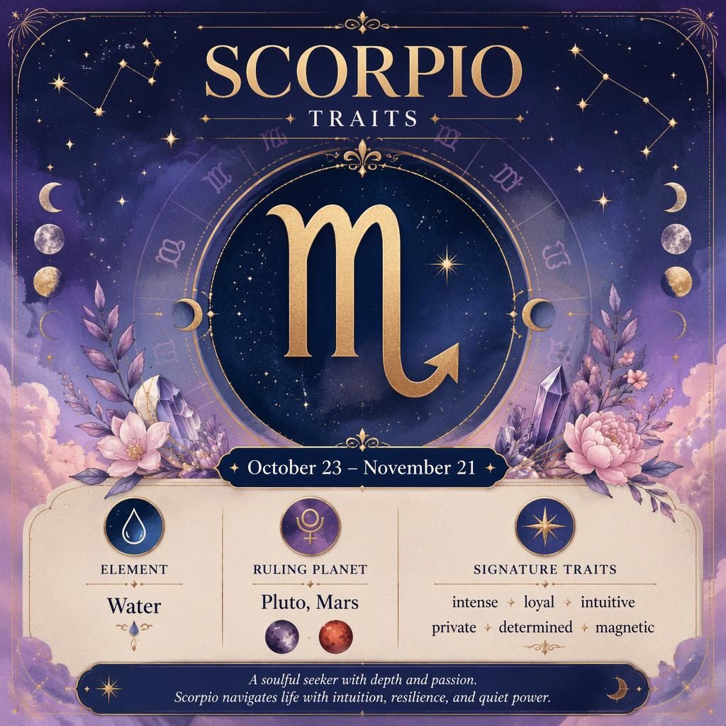 Pastel celestial Scorpio Traits infographic with large glyph, dates, Water element, Pluto and Mars, and trait list.
