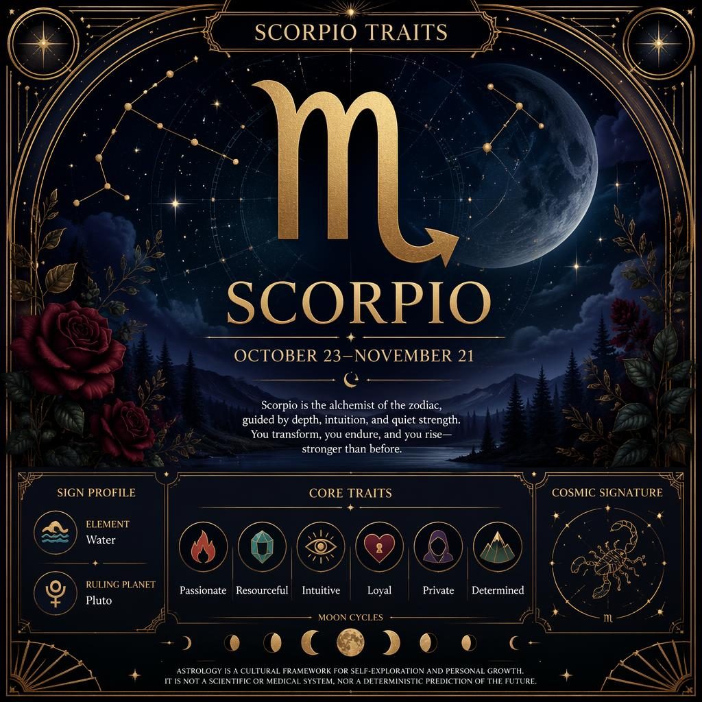 Scorpio traits infographic card with gold Scorpio glyph, dates, water element, Pluto, and celestial art on deep blue.