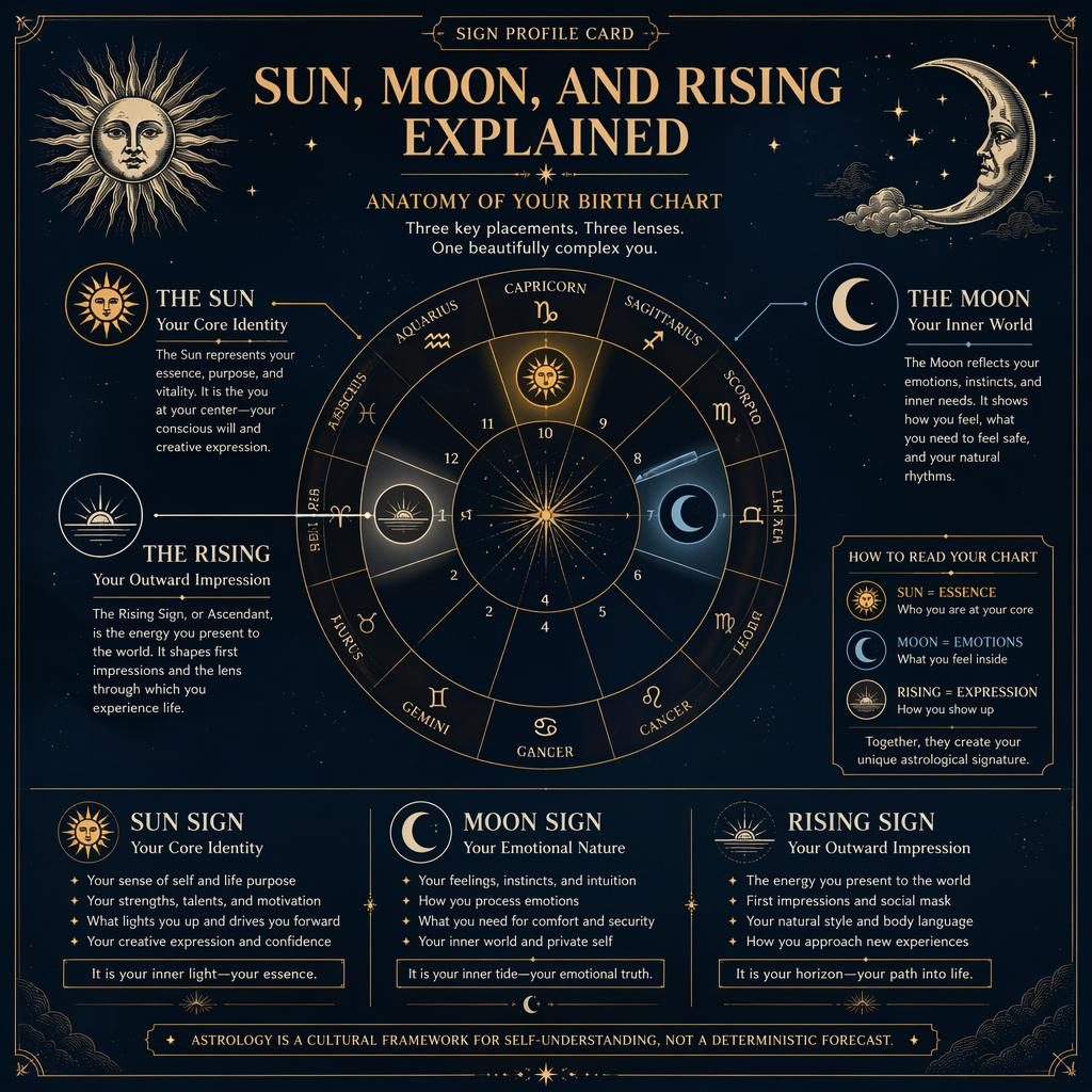 Infografía astrológica vintage con rueda natal central y secciones Sun, Moon y Rising en azul profundo y dorado.