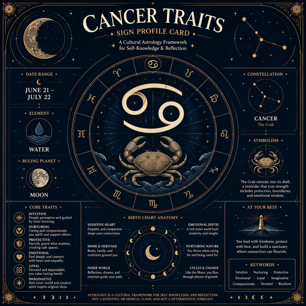 Infografía zodiacal de Cáncer con glifo central, rueda celeste, luna, constelaciones, fechas 21 jun–22 jul y rasgos.