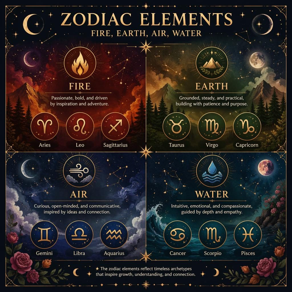 Mystical zodiac elements infographic with four quadrants for Fire, Earth, Air, and Water, celestial symbols, stars, and sign names.