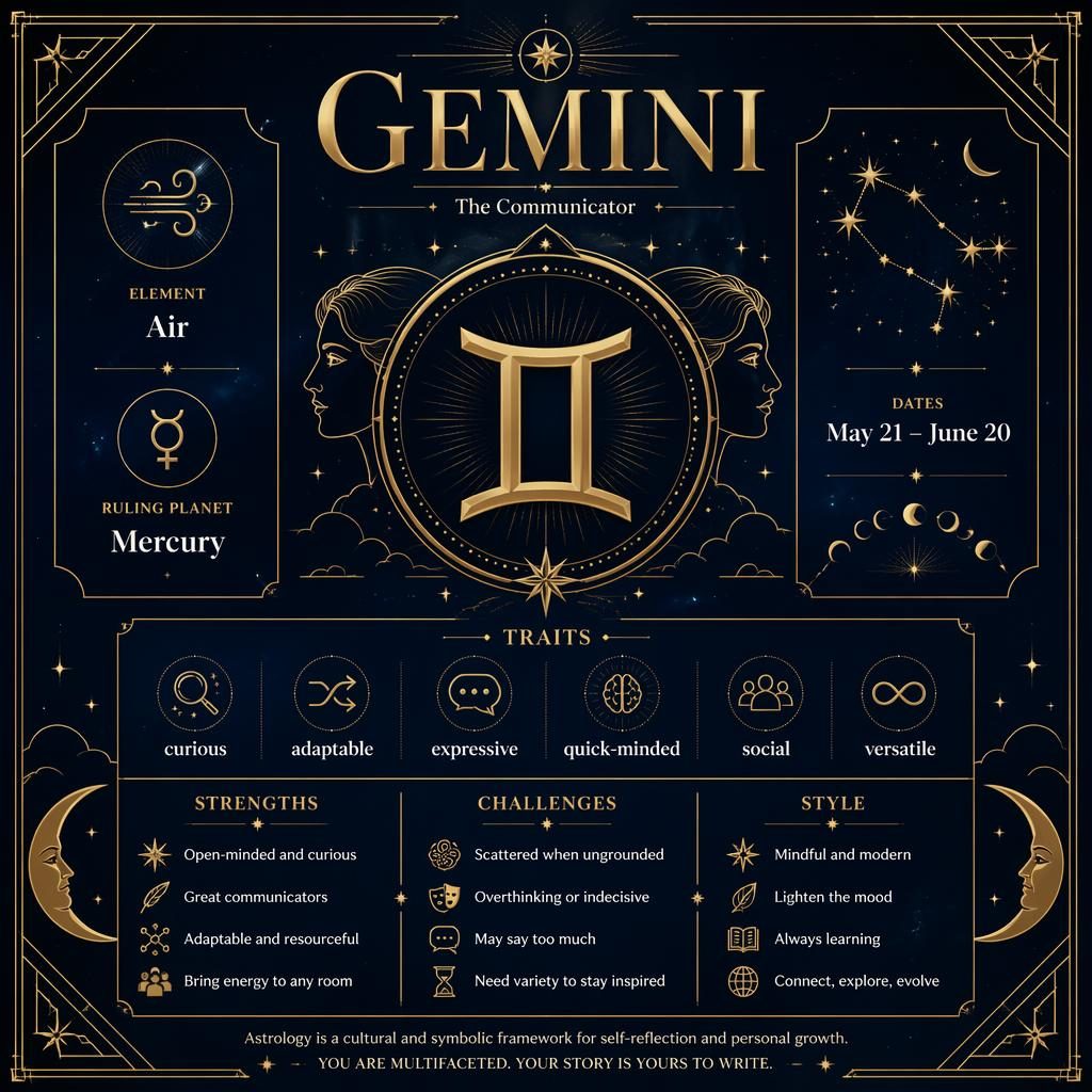Tarjeta de perfil de Géminis con glifo dorado art déco, fondo azul medianoche, motivos celestes y secciones en inglés.