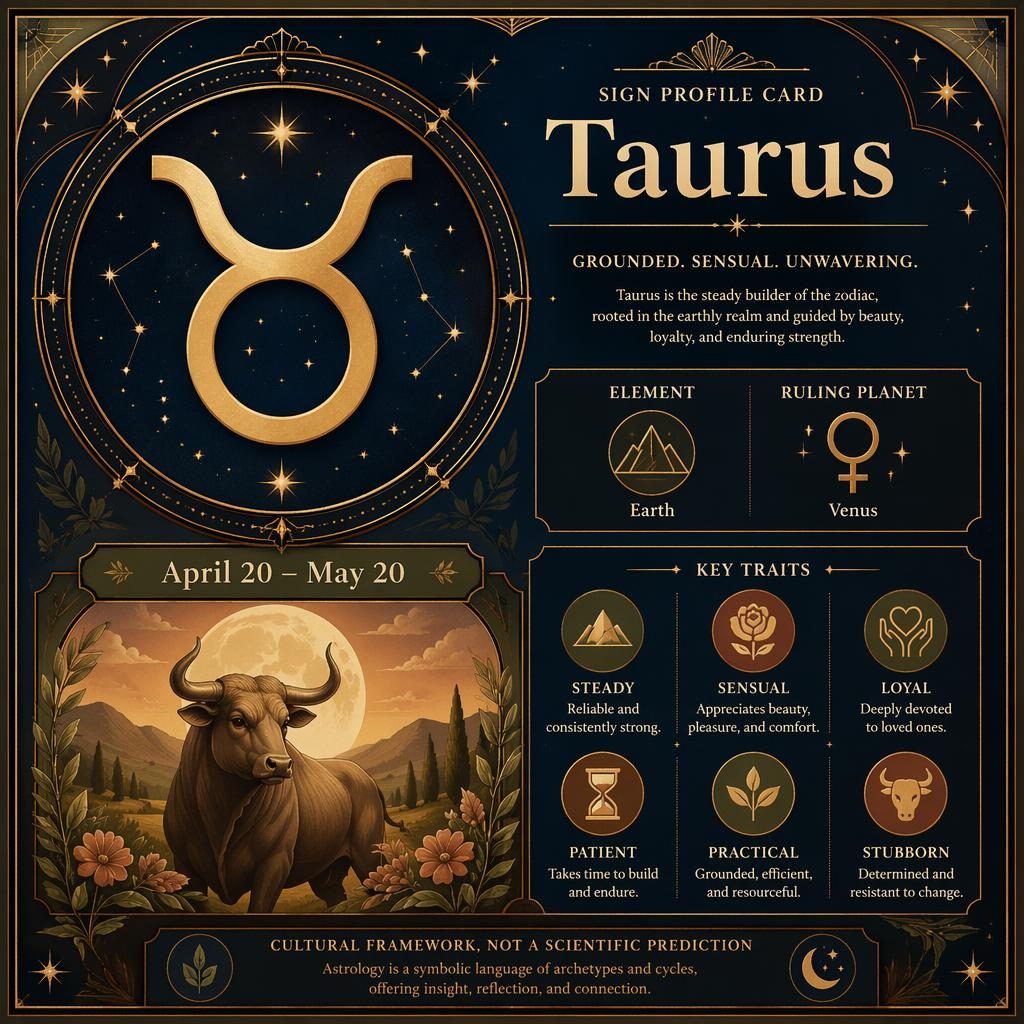Tarjeta de perfil de Tauro en estilo art déco, con glifo grande, paleta azul y dorado, rasgos, fechas y símbolos celestes.