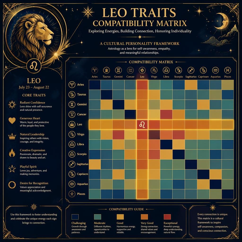 Deep blue and gold zodiac infographic with a 12x12 Leo compatibility heatmap, celestial motifs, legend, and Art Nouveau accents.