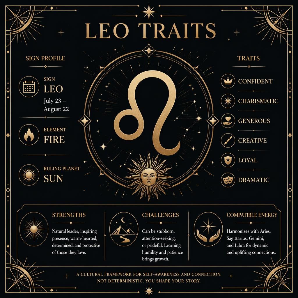 Art Deco Leo traits infographic with centered Leo glyph, stars, constellation lines, gold accents, and sign details.