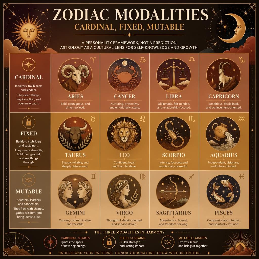 Celestial editorial infographic showing a 12-sign zodiac grid grouped by cardinal, fixed, and mutable modalities.