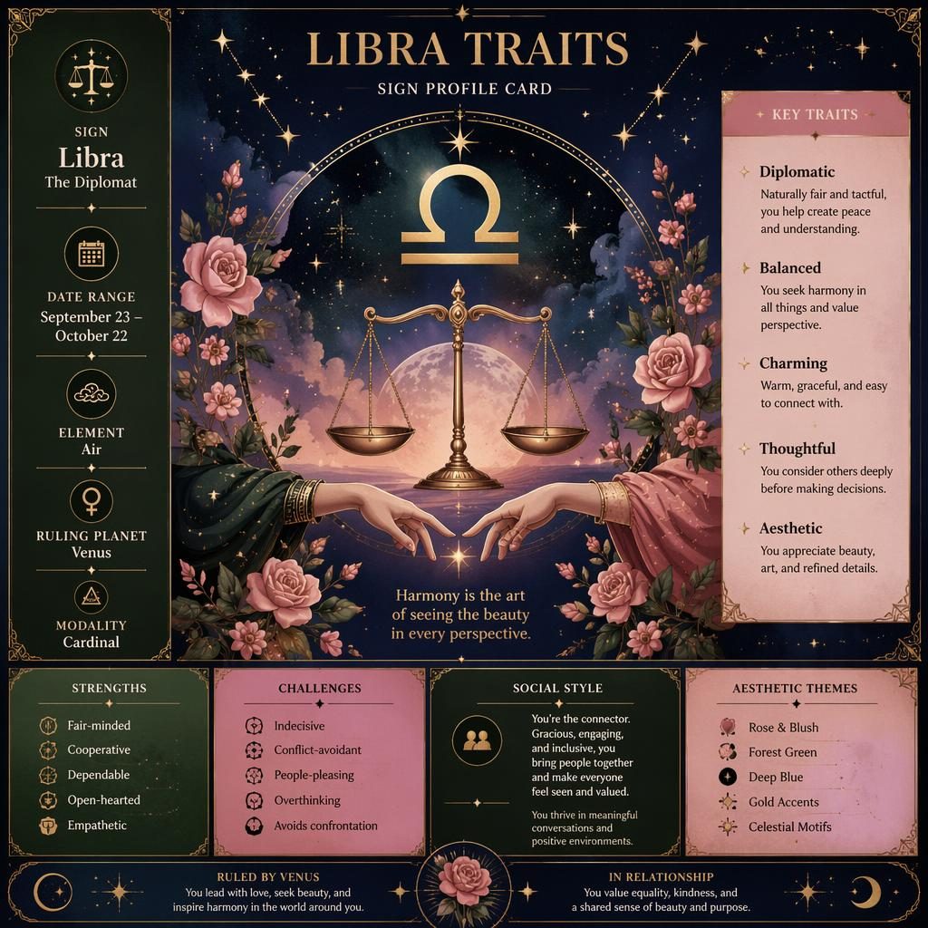 Pastel zodiac infographic card for Libra with glyph, dates, Air element, Venus, traits, strengths, challenges, and celestial accents.