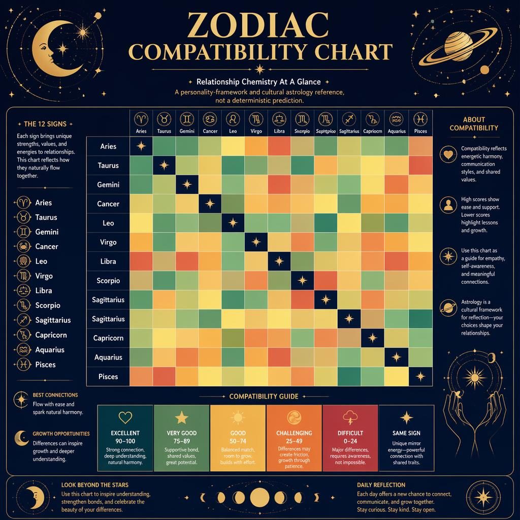 Zodiac compatibility chart infographic with 12x12 heatmap, English legend, celestial icons, stars, moons, and gold on midnight blue.