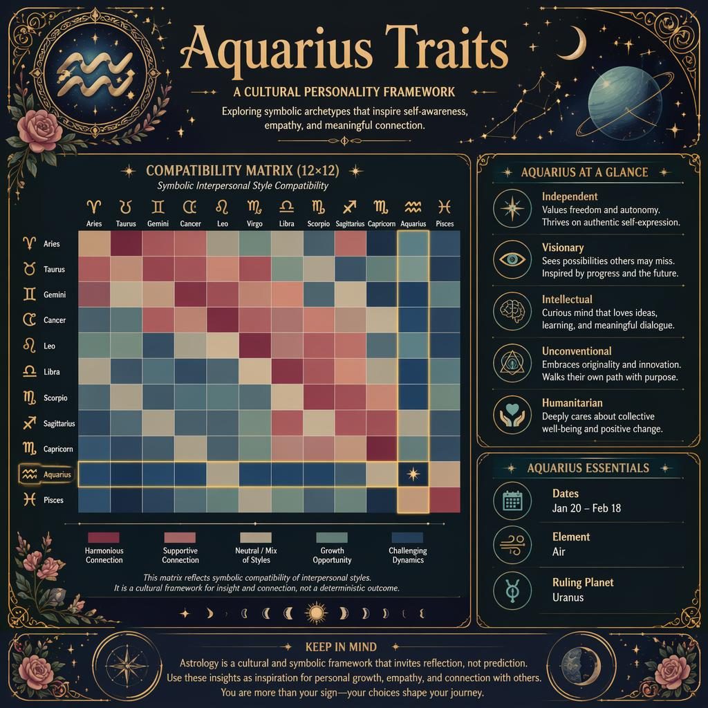 Art nouveau Aquarius Traits infographic with 12x12 zodiac compatibility heatmap, traits panel, constellations, moon phases, and gold linework.