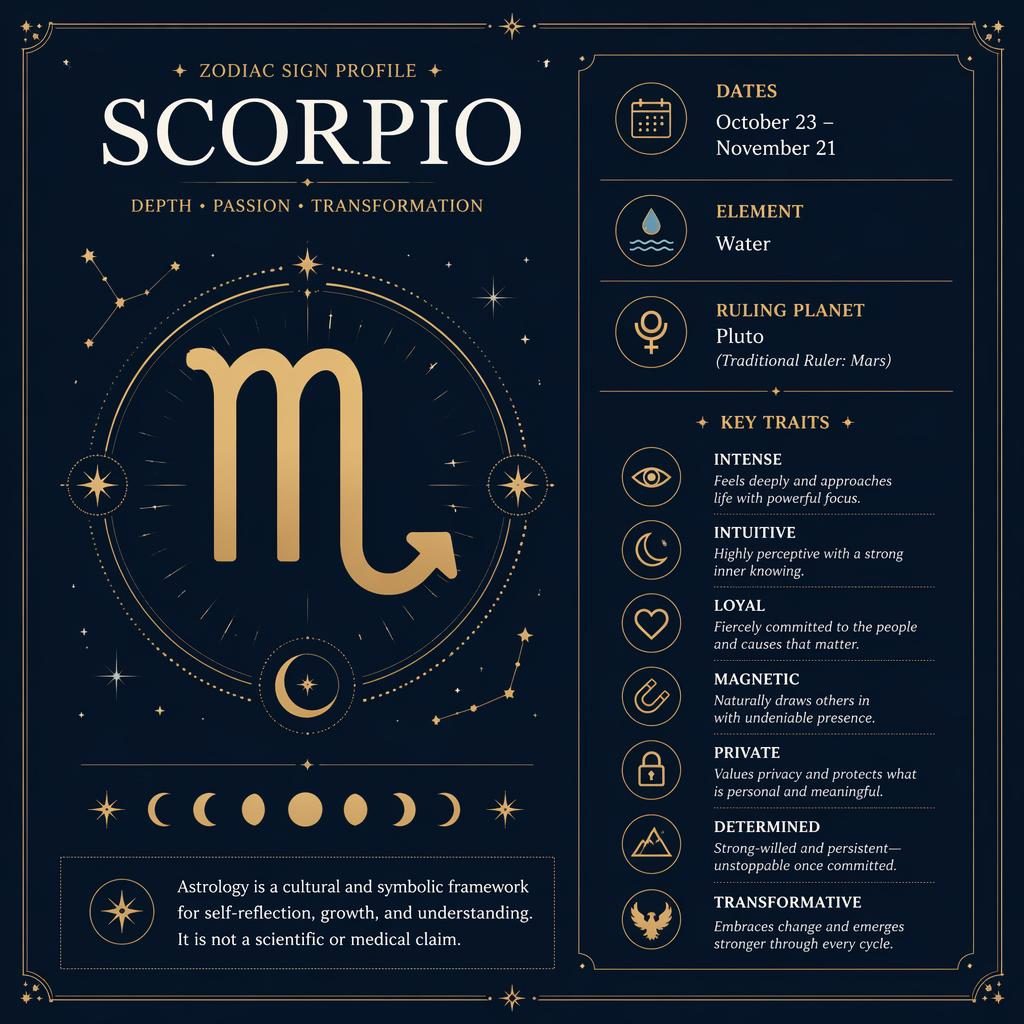 Minimal Scorpio traits infographic with large glyph, dates, element, Pluto and Mars, stars, moon phases, deep blue and gold.