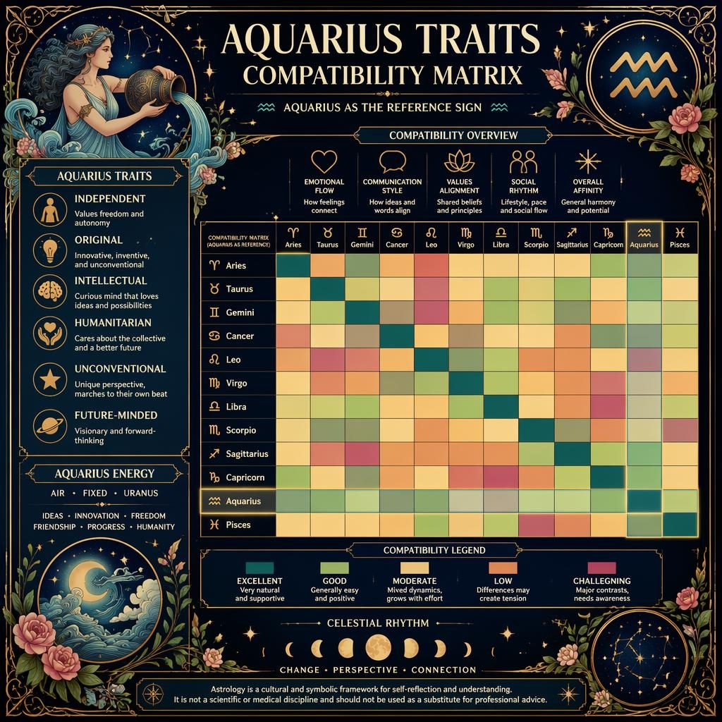 Infografía mística de Acuario con matriz 12x12 de compatibilidad zodiacal, mapa de calor, iconos celestes y paleta azul y dorado.