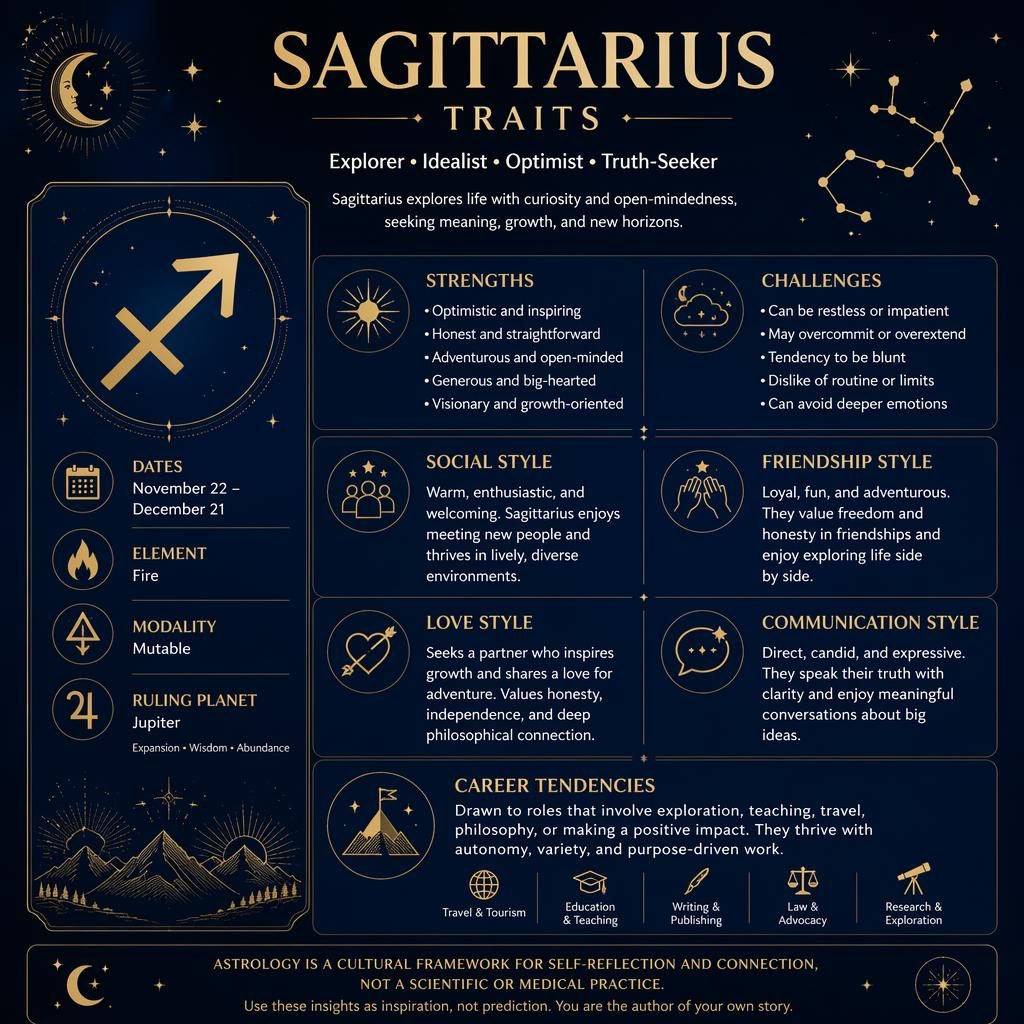 Infografía minimalista de Sagitario en azul profundo y dorado con glifo grande, rasgos, fechas y motivos celestes.
