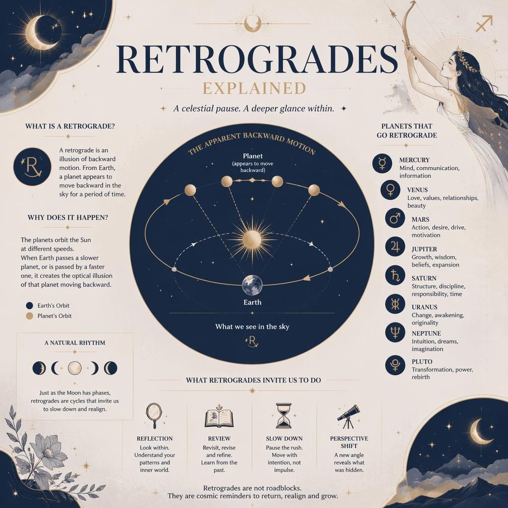 Infografía celestial en azul profundo y dorado sobre retrogrades, con diagrama orbital, fases lunares, estrellas y símbolos zodiacales.