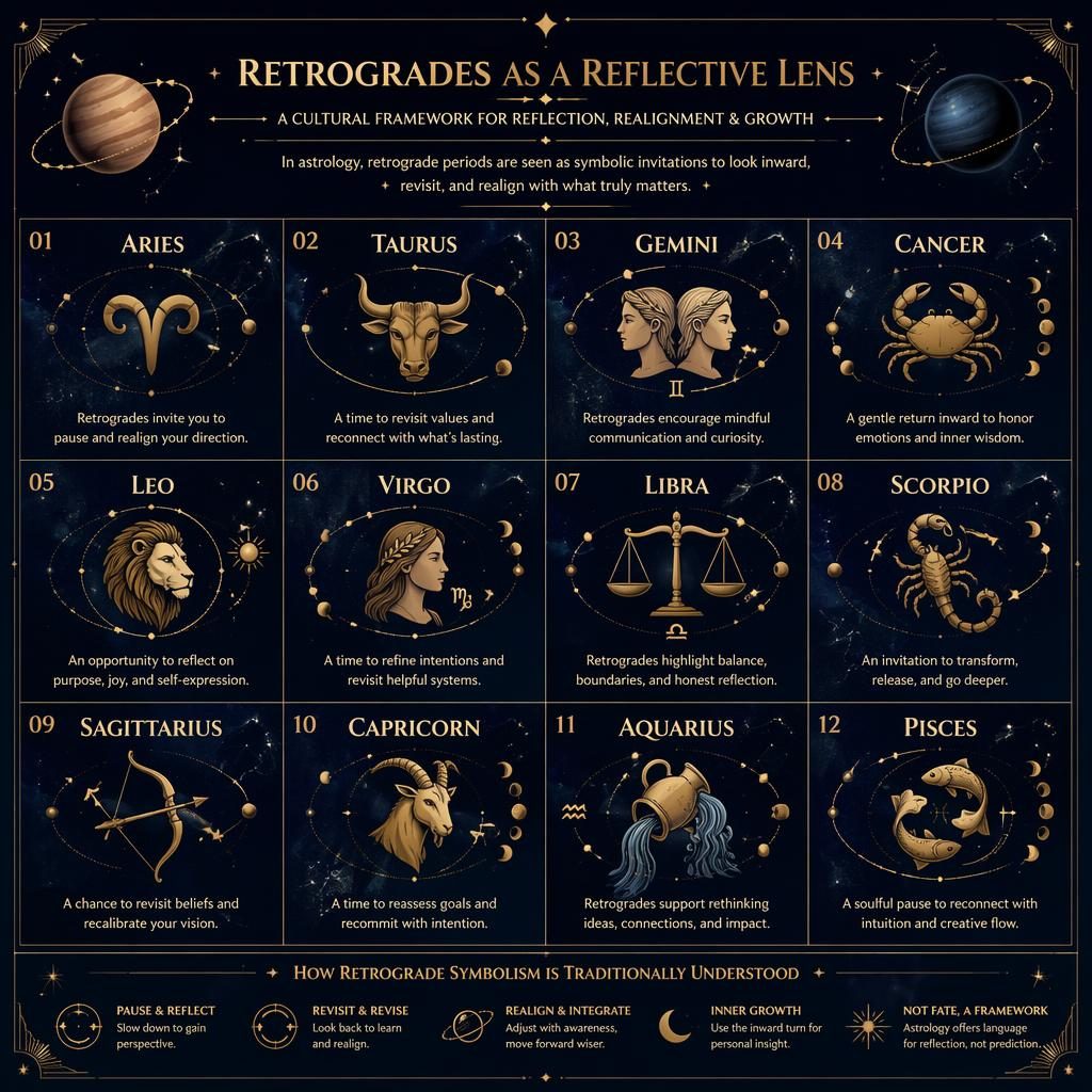 Midnight blue and gold zodiac infographic with a 12-sign grid, celestial icons, orbit loops, lunar phases, and retrograde captions.