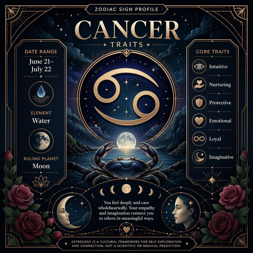 Art deco Cancer traits infographic with Cancer glyph, June 21–July 22, Water, Moon, and celestial blue-gold motifs.