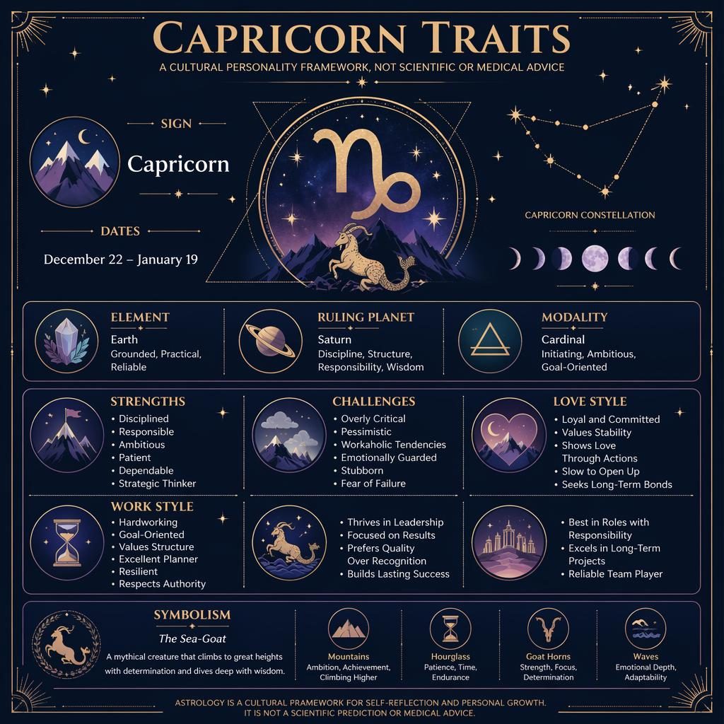 Infografía zodiacal de Capricornio en azul profundo y dorado, con glifo, fechas, rasgos, secciones y detalles celestes.