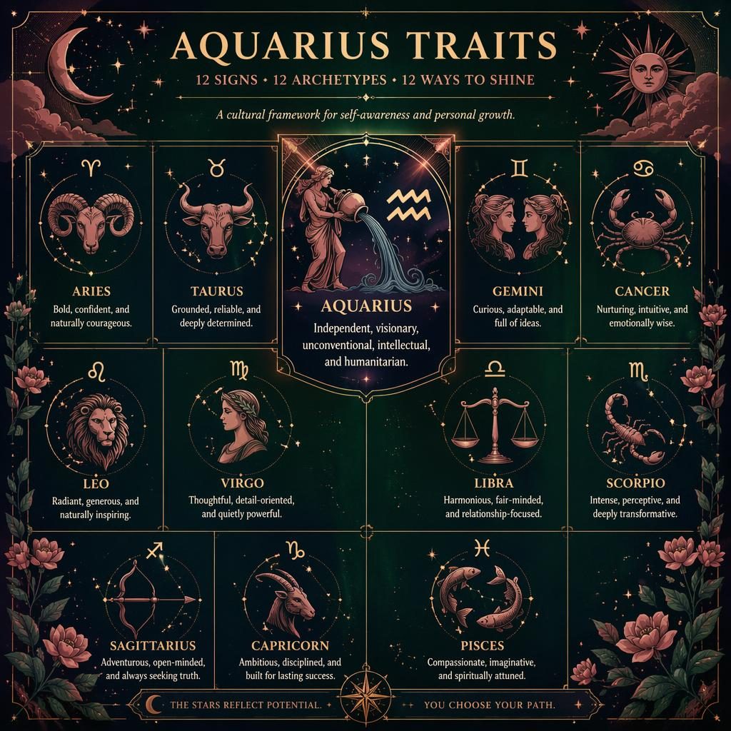12-sign zodiac infographic with Aquarius highlighted, celestial icons, constellation motifs, rose and forest palette.