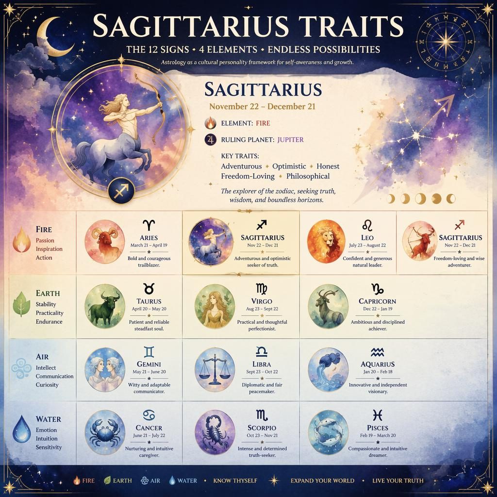 Watercolor zodiac infographic showing a 12-sign element grid with Sagittarius highlighted in Fire, celestial icons, dates, traits, and gold accents.