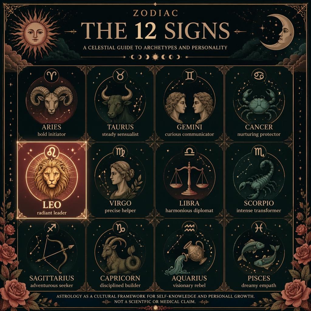 Editorial zodiac grid infographic titled Leo Traits, showing all 12 signs with Leo highlighted, celestial motifs, star maps, and glyphs.