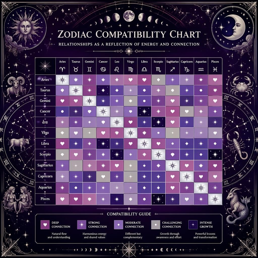 Vintage-style zodiac compatibility heatmap with 12 signs on both axes, purple and silver celestial motifs, legend, moon phases.