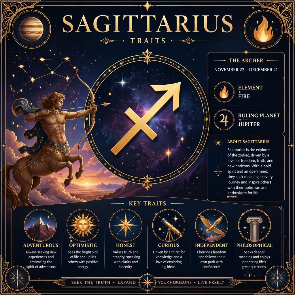 Sagittarius traits infographic with gold zodiac glyph, fire element, Jupiter, dates, and celestial art deco framing.