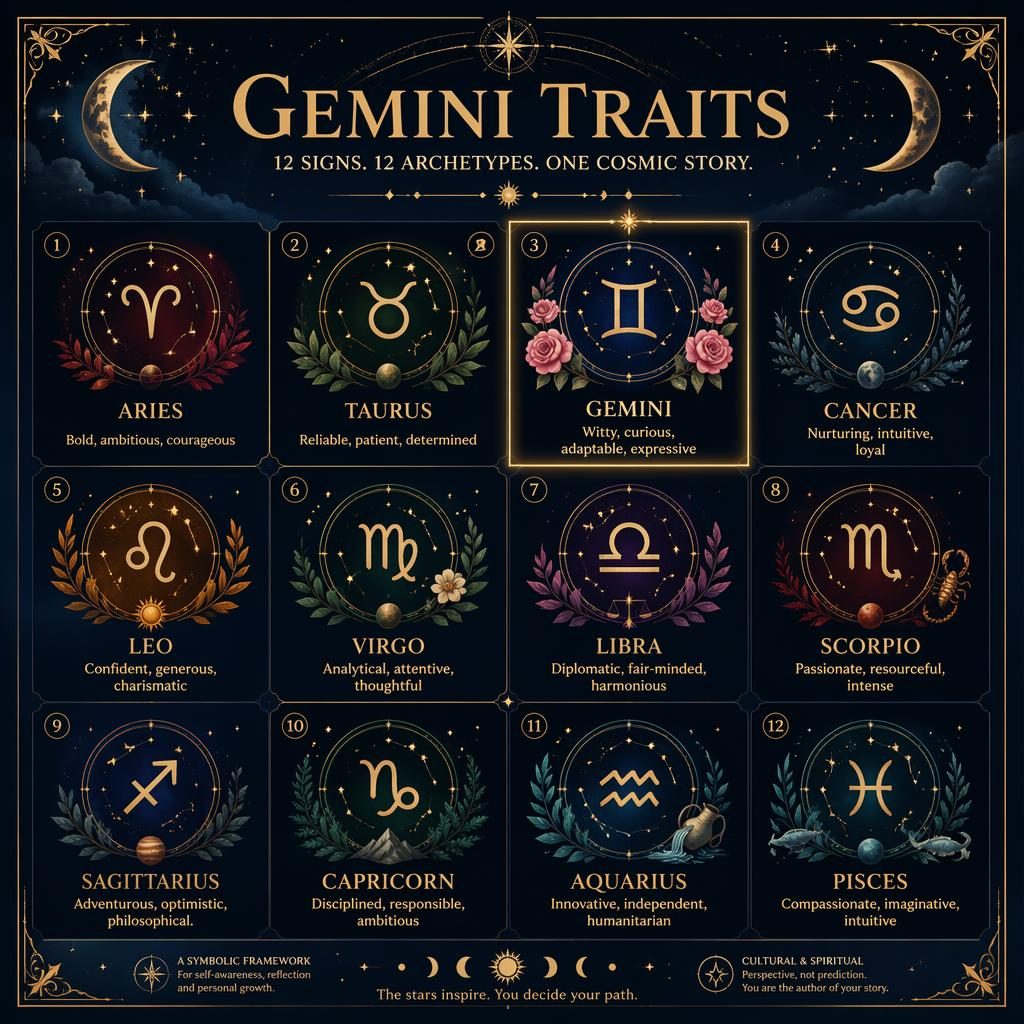 Editorial zodiac infographic showing a 12-sign grid with Gemini subtly highlighted in deep blue, gold, rose, and forest tones.