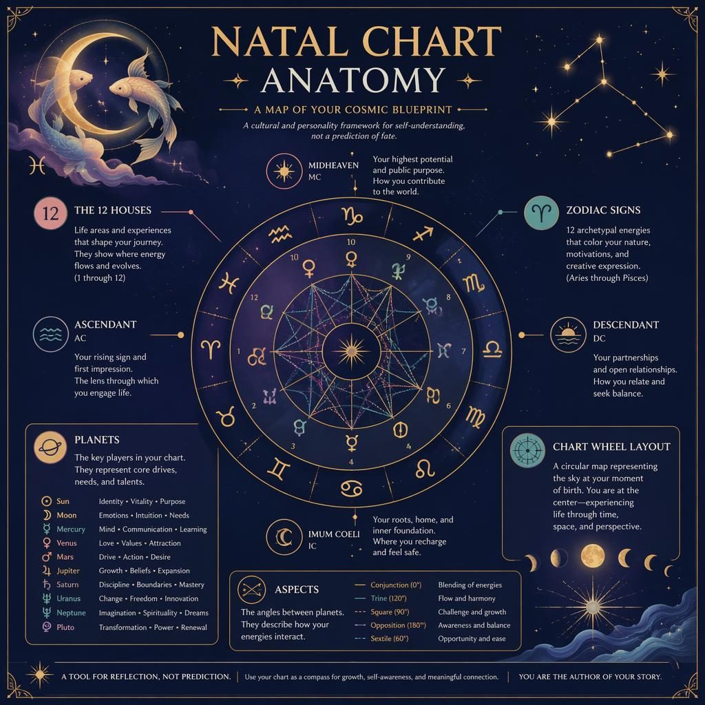 Astrology infographic with a large natal chart wheel, labeled houses, planets, aspects, and pastel celestial motifs.