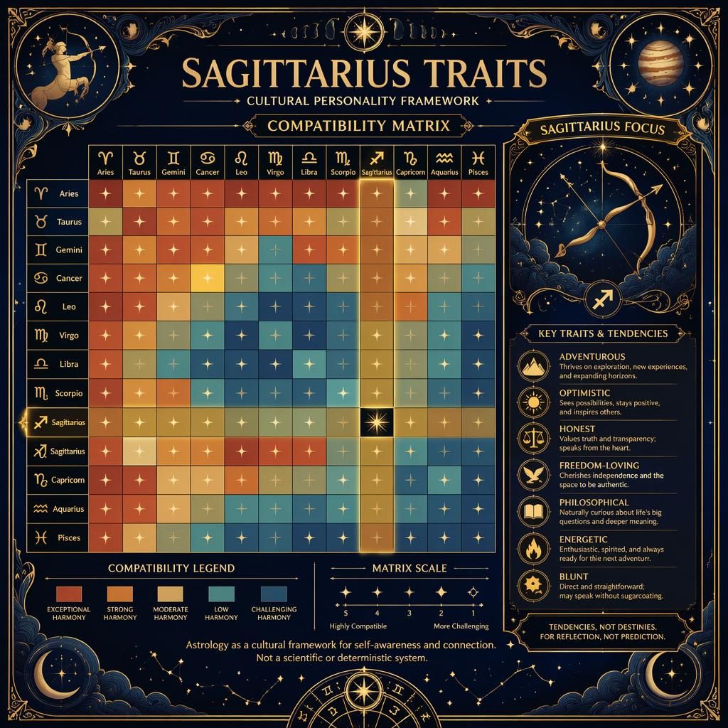 Zodiac infographic titled "Sagittarius Traits". Archetype: COMPATIBILITY MATRIX. Create a 12×12 zodiac compatibility hea