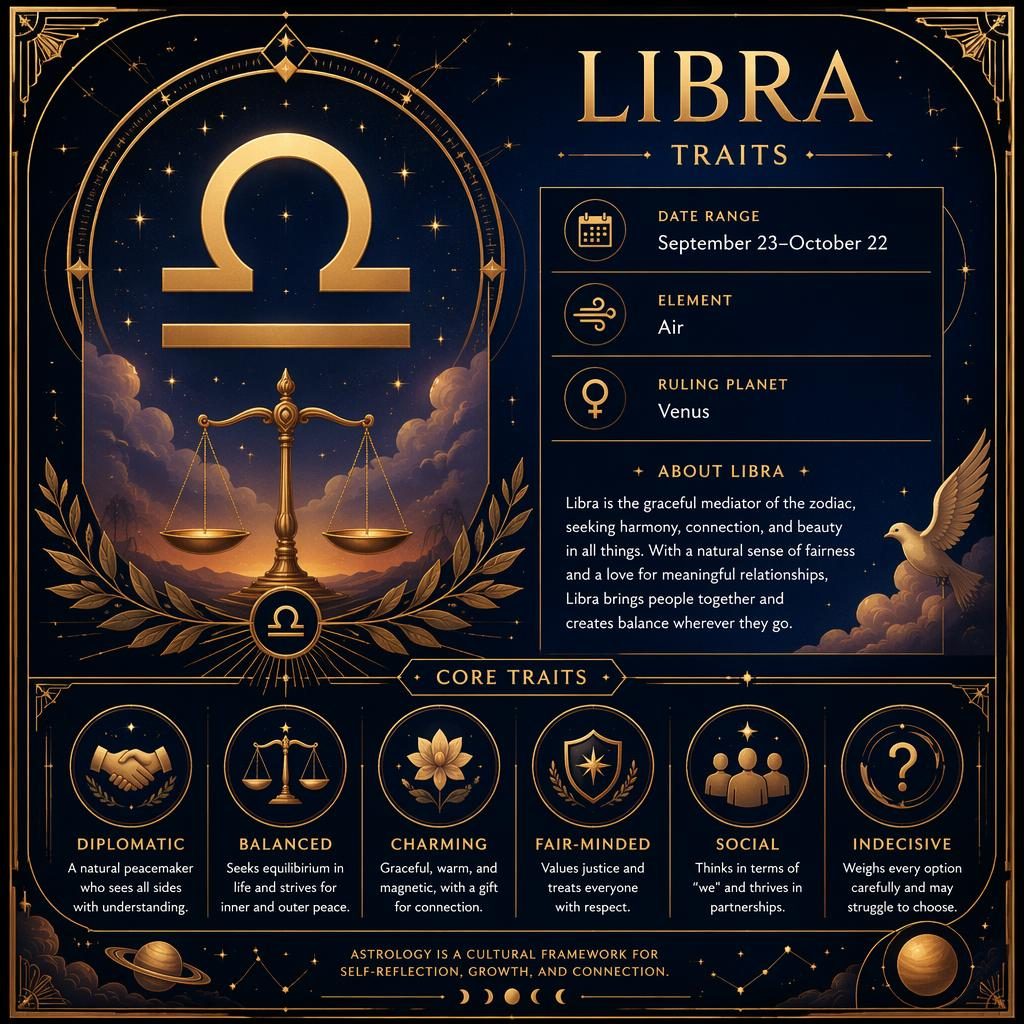 Editorial Libra traits infographic with Libra glyph, dates Sep 23–Oct 22, Air, Venus, and celestial art deco gold details.