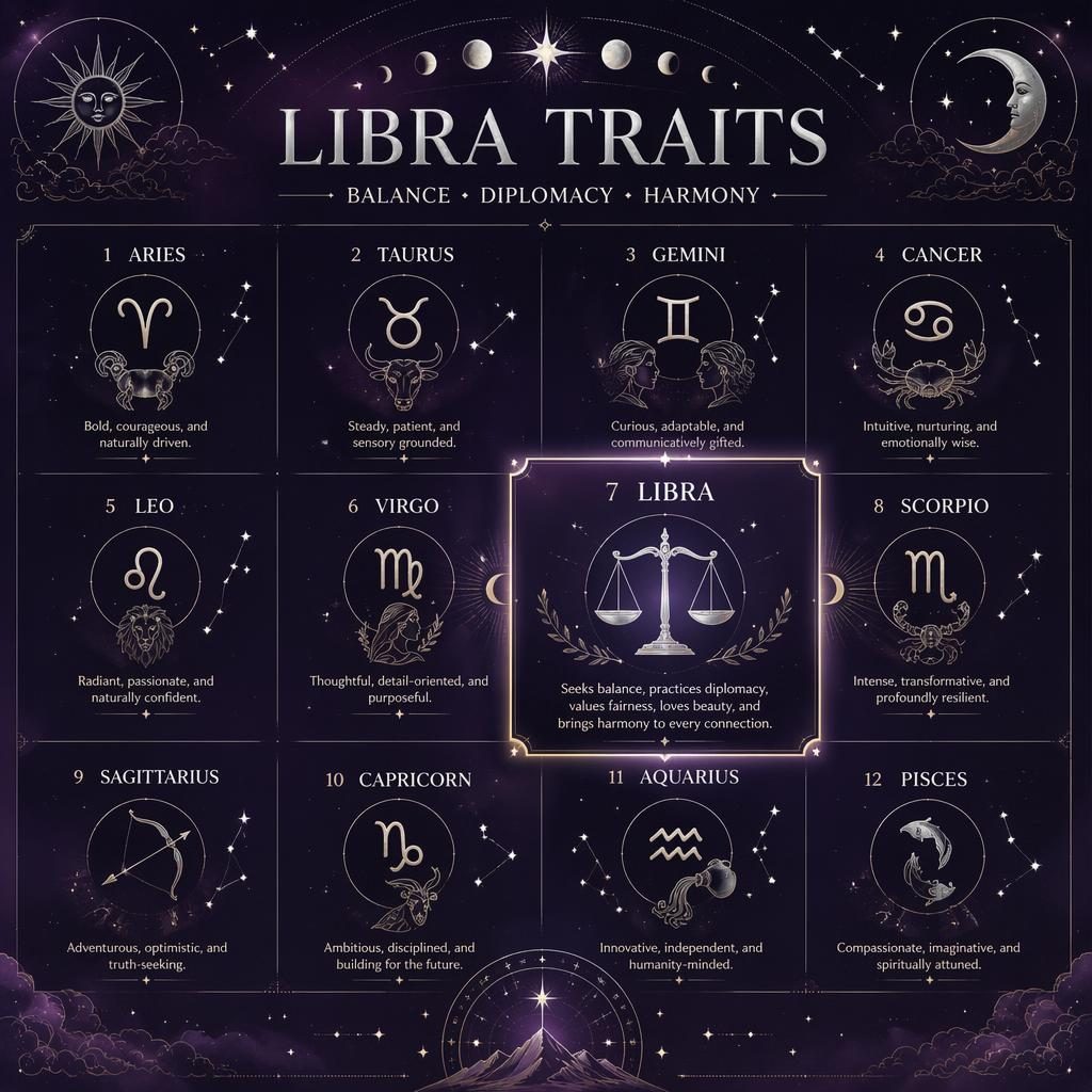 Editorial zodiac grid infographic with all 12 signs, Libra highlighted, celestial glyphs, star charts, moon phases, purple and silver.
