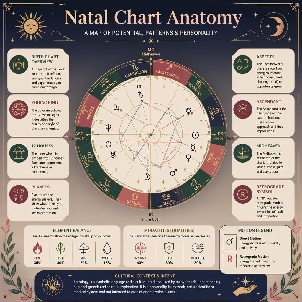 Minimal natal chart anatomy infographic with zodiac wheel, houses, planet symbols, aspect lines, and English callouts