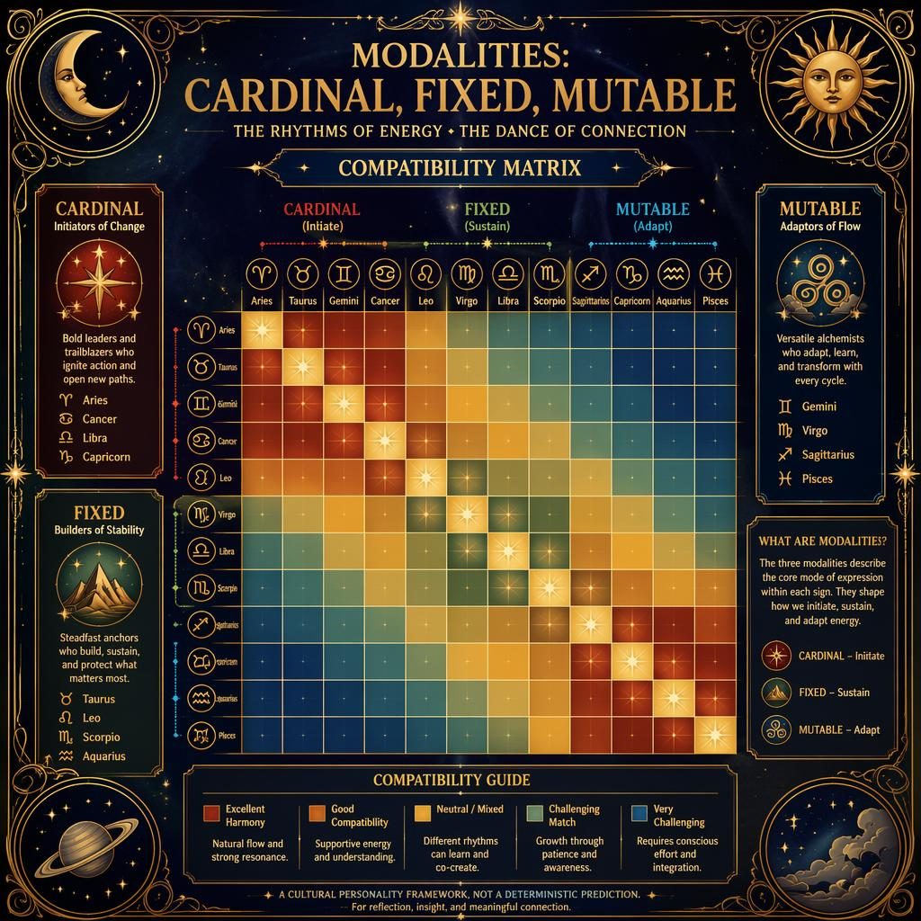 Art nouveau zodiac compatibility matrix heatmap with 12 signs, cardinal fixed mutable groups, midnight blue and gold.