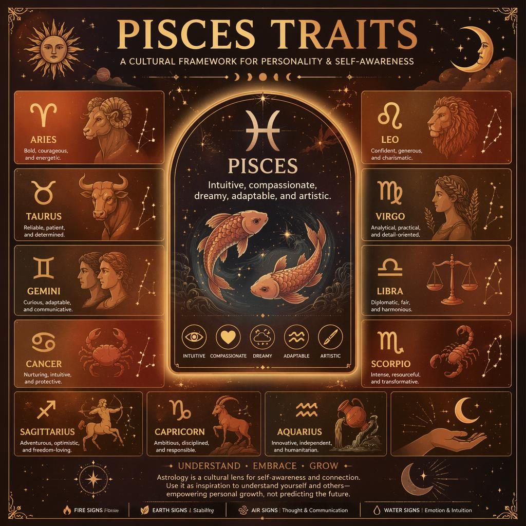 Editorial 12-sign zodiac grid infographic with Pisces highlighted, celestial symbols, constellations, and warm earth tones.