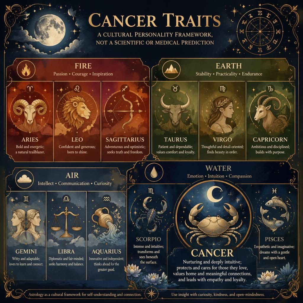 Infografía zodiacal en acuarela celestial con cuadrícula de 12 signos por elementos, Cáncer destacado en Agua con glifo grande.