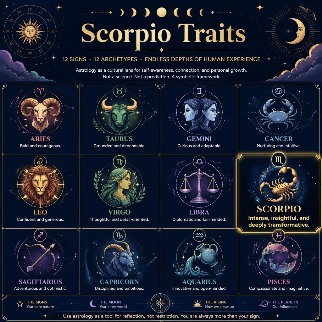 12-sign zodiac grid infographic titled Scorpio Traits, with Scorpio emphasized in a deep blue and gold celestial design.