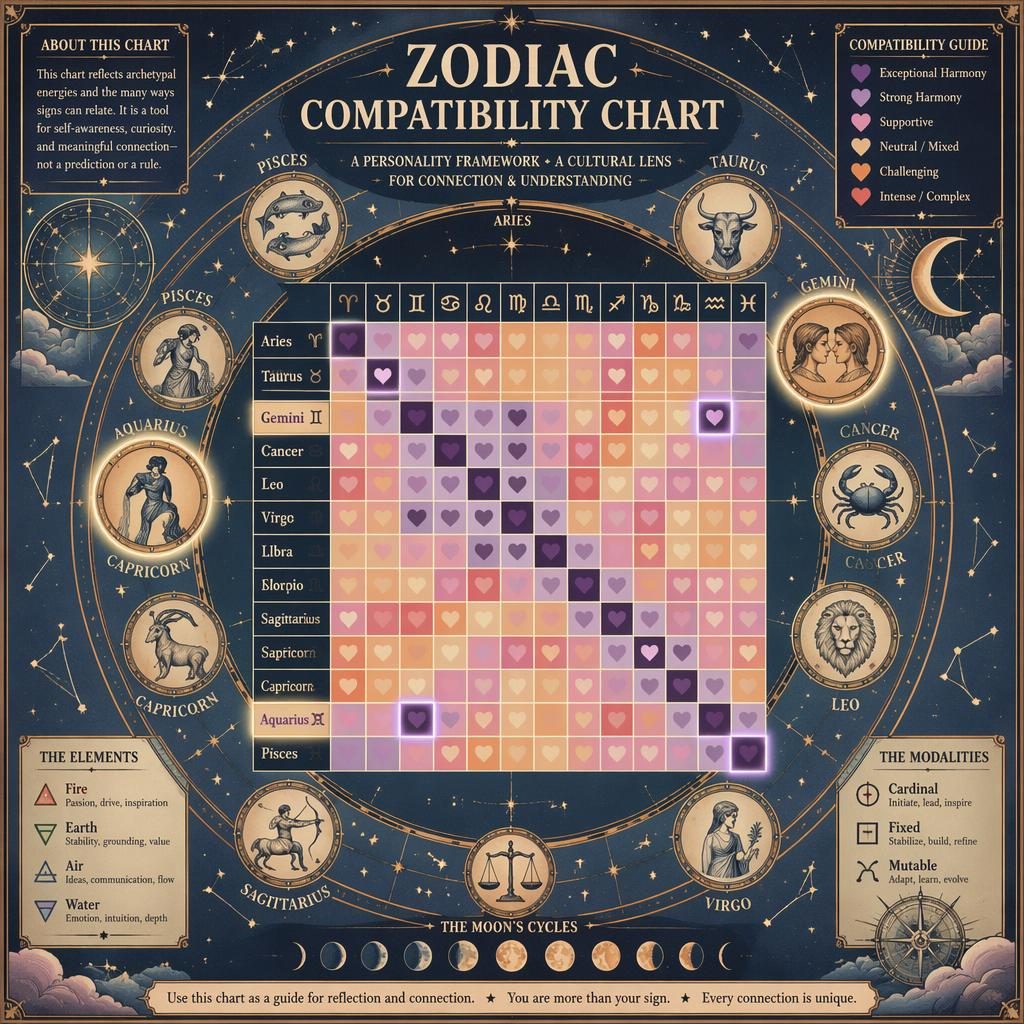 Infografía zodiacal vintage con matriz de compatibilidad 12x12, rueda zodiacal, constelaciones, fases lunares y celdas destacadas.