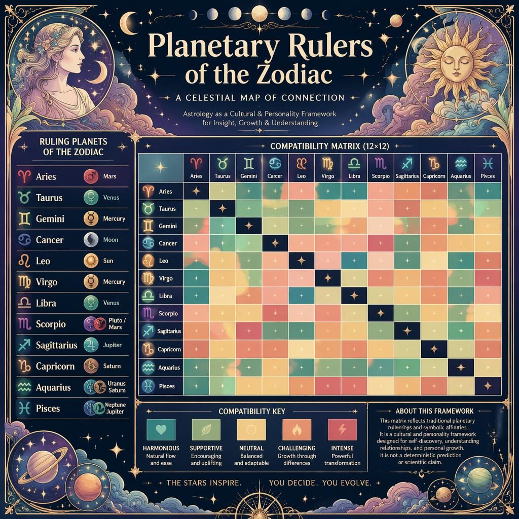 Art nouveau zodiac infographic with a 12x12 compatibility matrix, ruling planets, zodiac glyphs, stars, constellations.