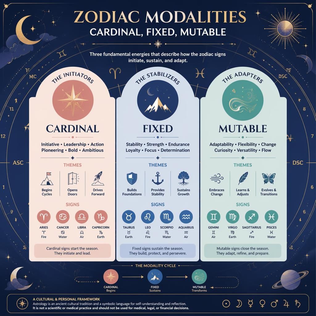 Pastel celestial infographic showing Cardinal, Fixed, and Mutable zodiac modalities with icons, sign groupings, and zodiac wheel references.
