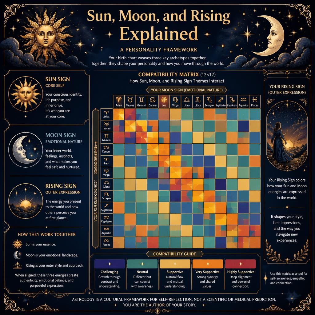 Celestial zodiac infographic with a 12x12 compatibility matrix, Sun Moon Rising guide, deep blue and gold art nouveau design.