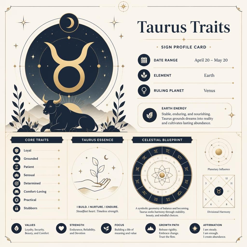 Minimal Taurus traits infographic with glyph, April 20–May 20, Earth, Venus, celestial icons, and chart-wheel geometry.